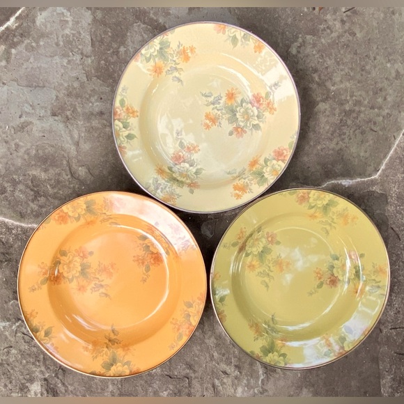 MacKenzie-Childs Other - Three Mackenzie-Childs Vintage Enamel Floral Bowls in Apricot Green & Cream